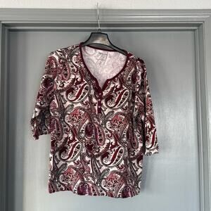 Croft & Barrow Maroon White Paisley Women's Pullover Top sz 1X 3/4 sleeves